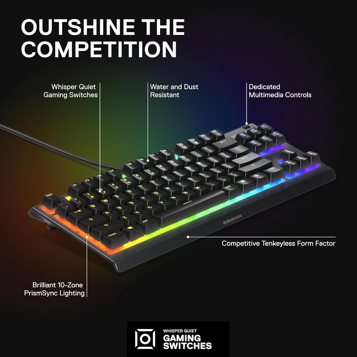 SteelSeries Apex 3 TKL RGB Gaming Keyboard – Tenkeyless Compact Form Factor - 8-Zone RGB Illumination – IP32 Water & Dust Resistant – Whisper Quiet Gaming Switch – Gaming Grade Anti-Ghosting, Black