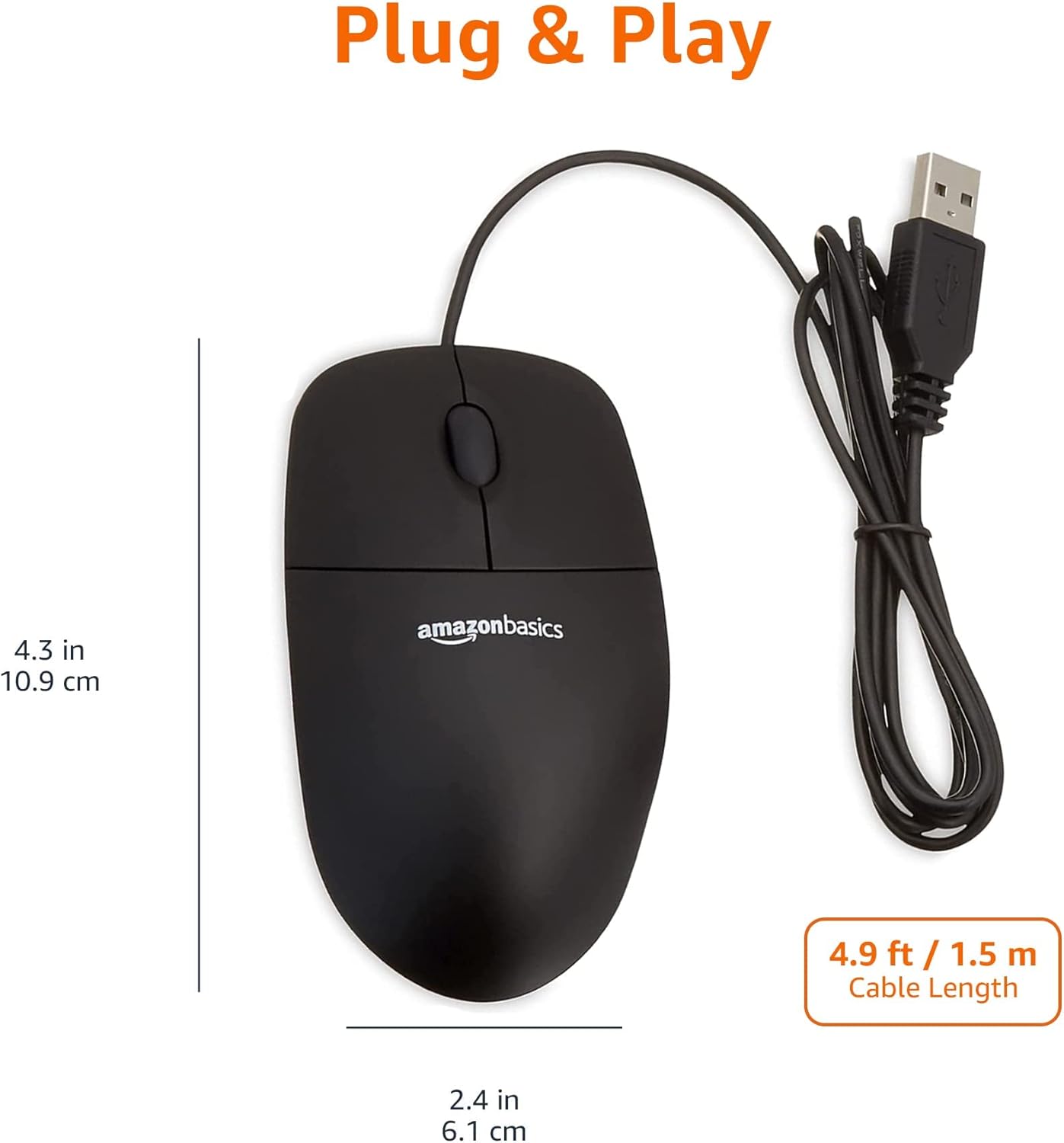 Basics 3-Button USB Wired Mouse with Scrolling and Tracking - Standard, Black