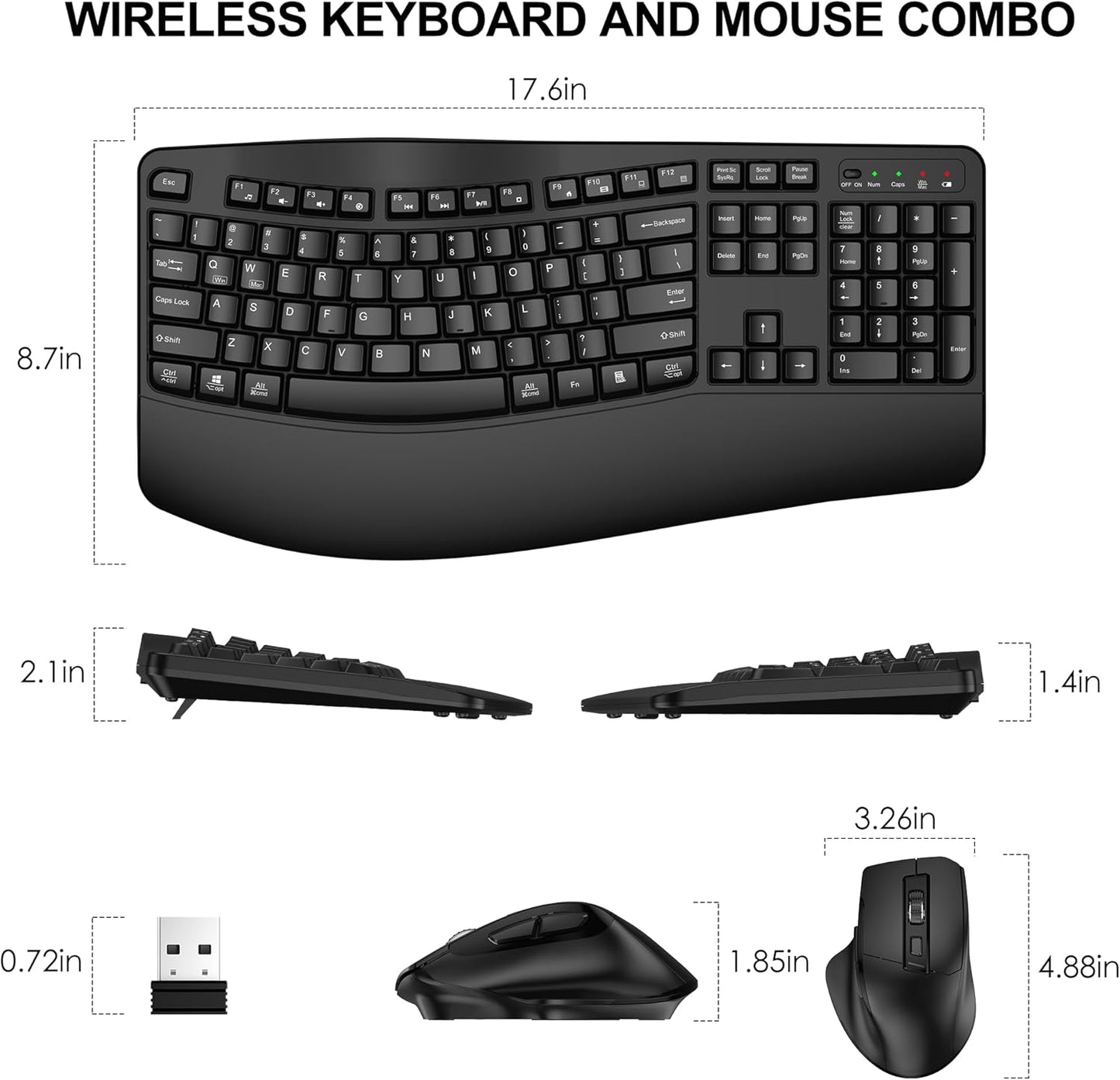 Wireless Keyboard and Mouse Combo, 2.4G Full Size Wave Keys Ergonomic Keyboard with Wrist Rest and 3-Level DPI Adjustable Wireless Ergonomic Mouse for Windows, Mac OS Desktop/Laptop/PC(Black)