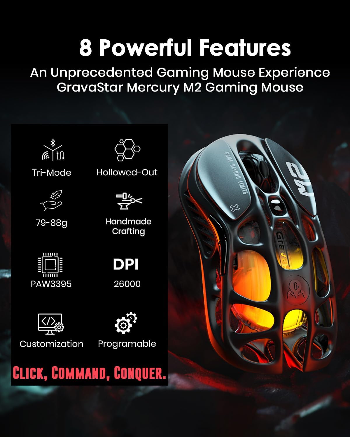 GravaStar Mercury M2 Wireless Gaming Mouse with 26,000 DPI, PAW3395DM Sensor -79g Lightweight Hollowed-Out Design -5 Programmable Buttons -5 Dynamic Lightsync RGB