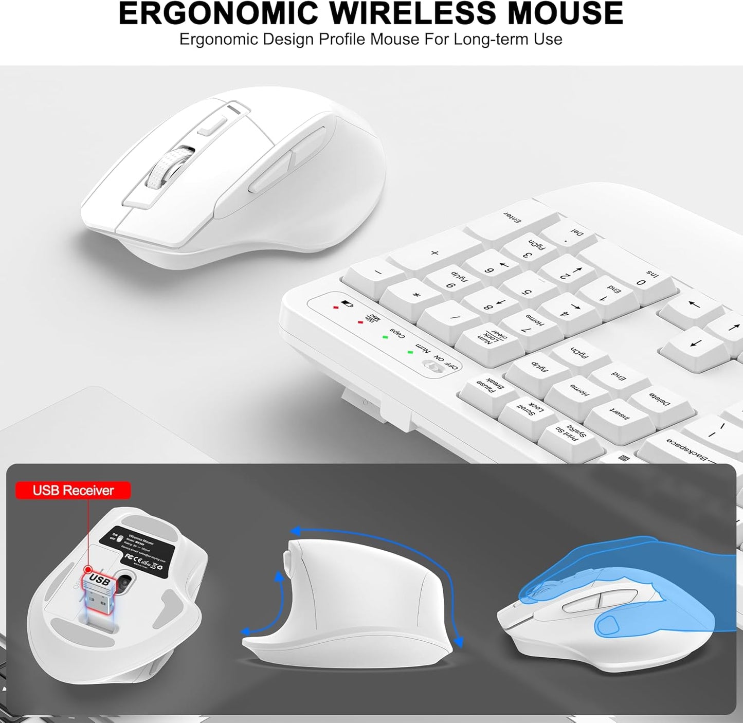 Wireless Keyboard and Mouse Combo, 2.4G Full Size Wave Keys Ergonomic Keyboard with Wrist Rest and 3-Level DPI Adjustable Wireless Ergonomic Mouse for Windows, Mac OS Desktop/Laptop/PC(Black)