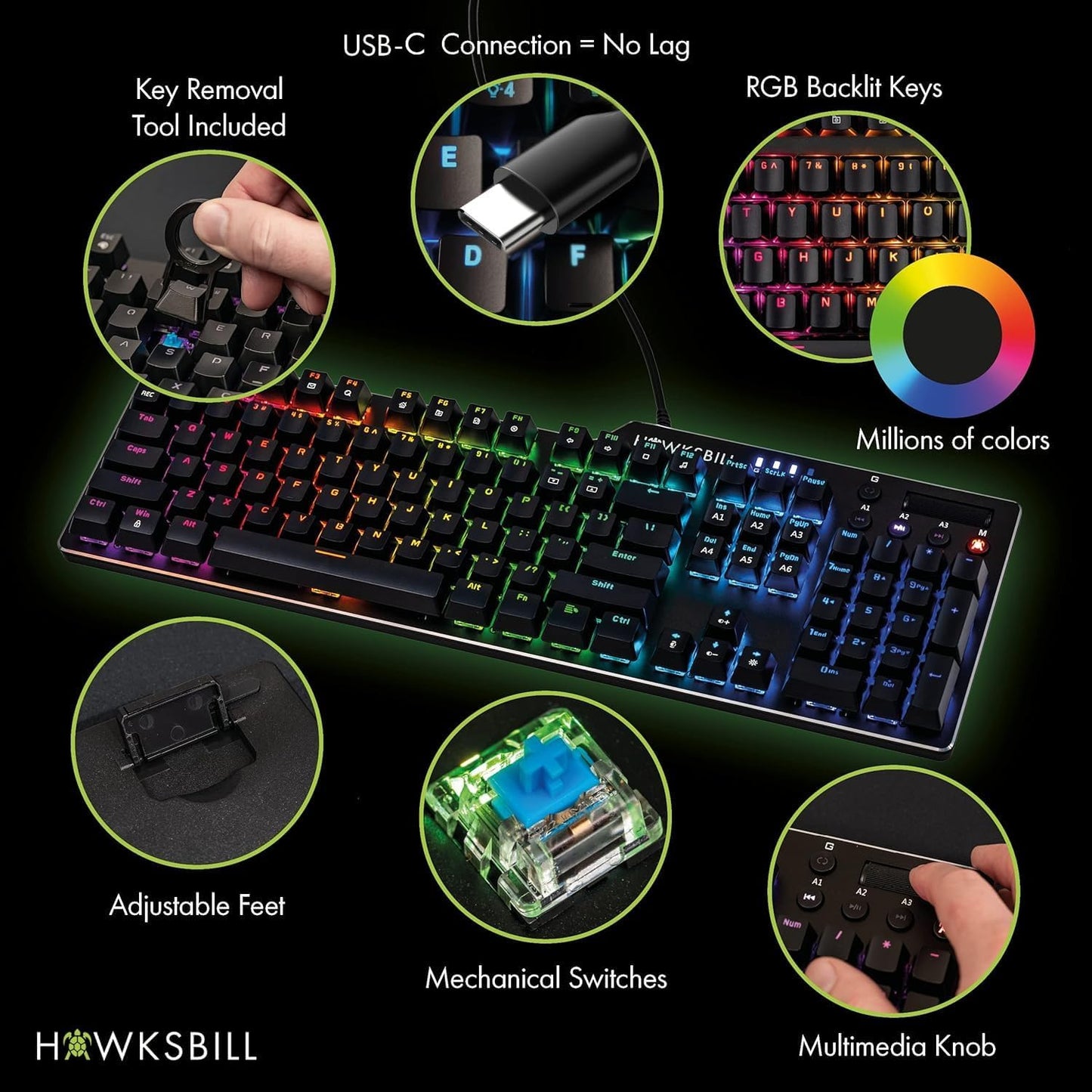 Scorpion V1 Wired Mechanical Gaming Keyboard - USB-A W/USB-C Connection Adaptor – Tactile & Clicky – Brilliant RGB Lighting Customizable Keys & Multimedia Function 104 Keys