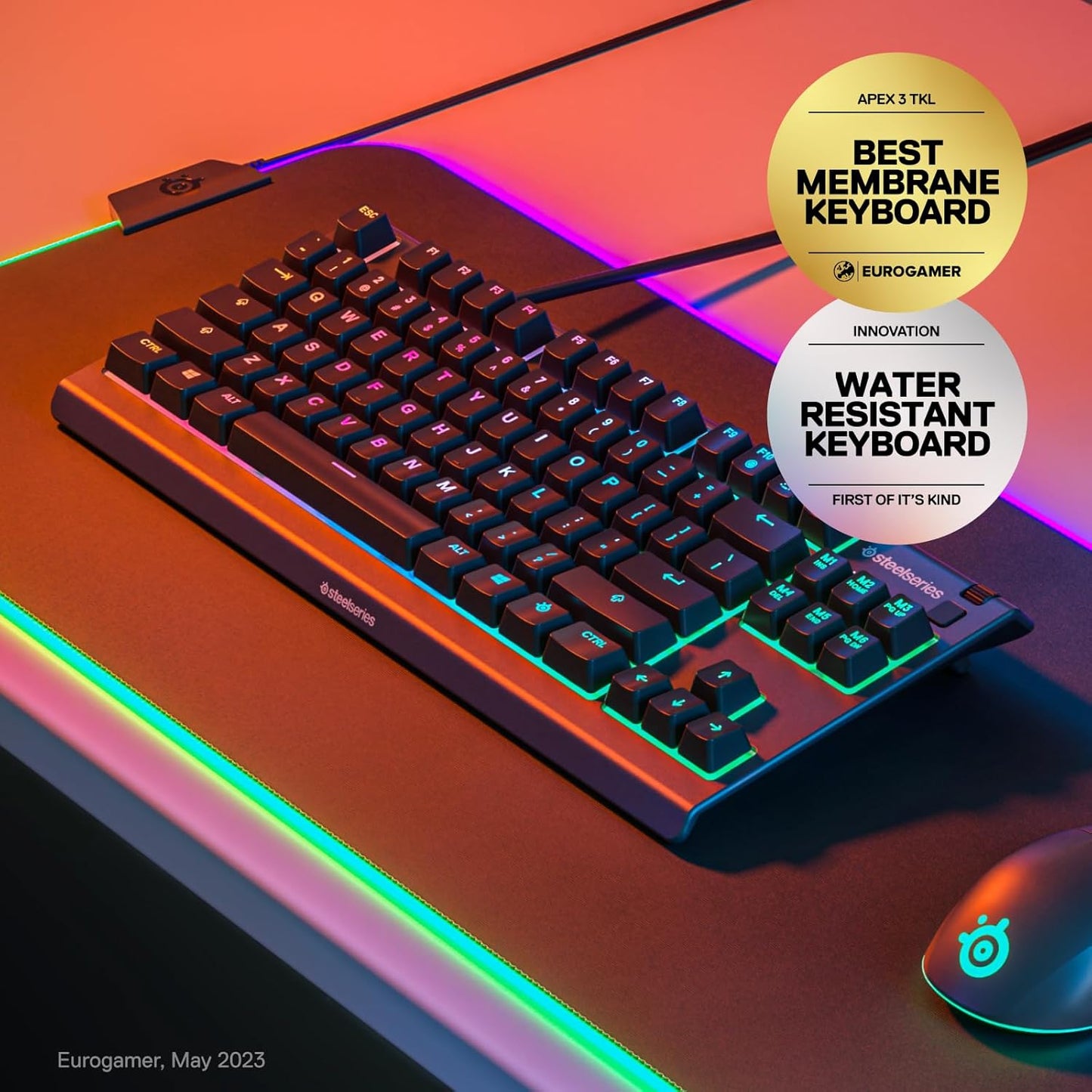 SteelSeries Apex 3 TKL RGB Gaming Keyboard – Tenkeyless Compact Form Factor - 8-Zone RGB Illumination – IP32 Water & Dust Resistant – Whisper Quiet Gaming Switch – Gaming Grade Anti-Ghosting, Black