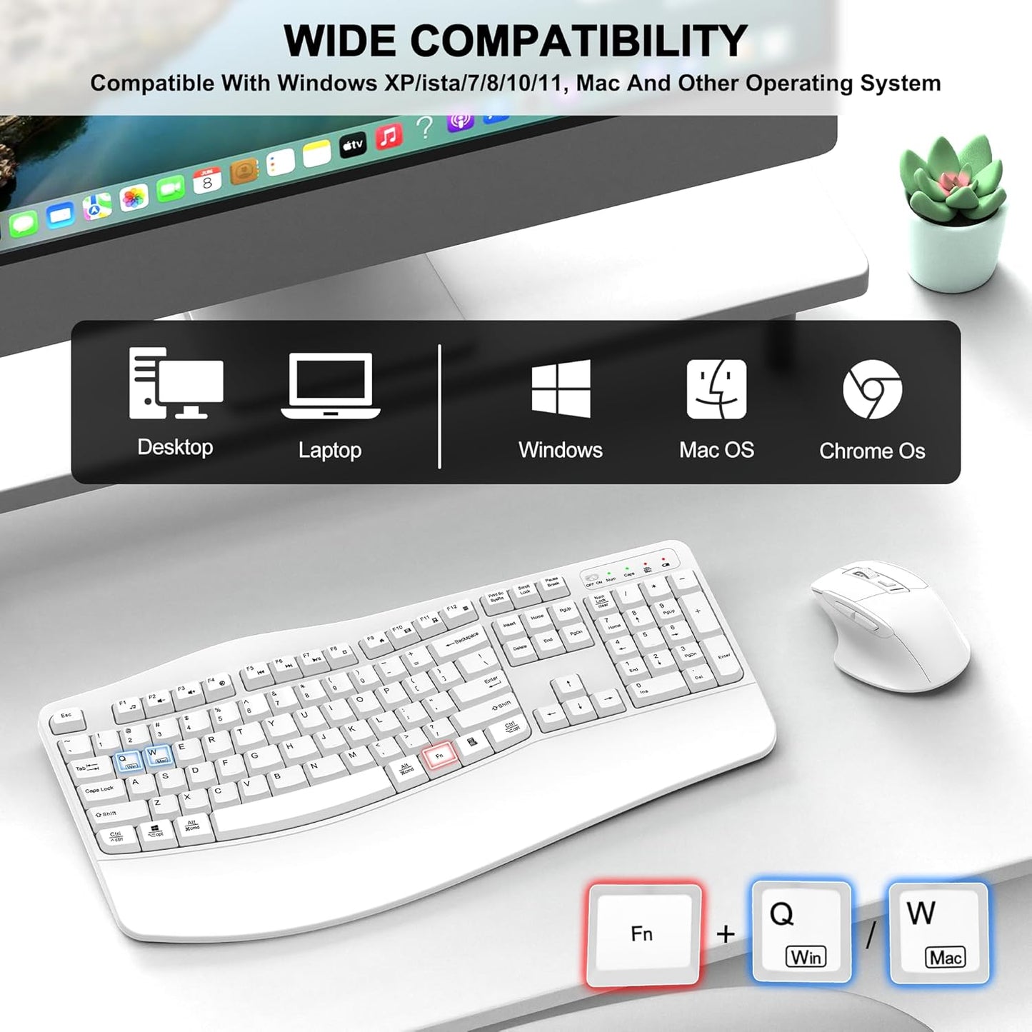 Wireless Keyboard and Mouse Combo, 2.4G Full Size Wave Keys Ergonomic Keyboard with Wrist Rest and 3-Level DPI Adjustable Wireless Ergonomic Mouse for Windows, Mac OS Desktop/Laptop/PC(Black)