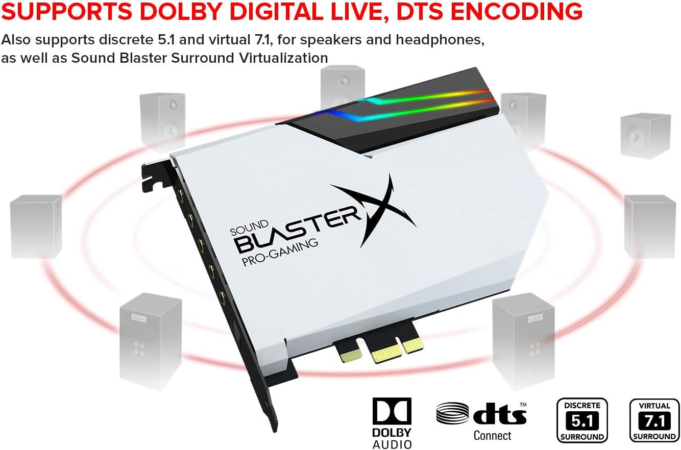 CREATIVE Sound BlasterX AE-5 Plus Pure Edition SABRE32 Ultra-Class 32-bit/384kHz PCI-e Gaming Sound Card and DAC with Dolby Digital and DTS, Xamp Discrete Headphone Bi-amp, 122dB SNR, RGB LED Strips