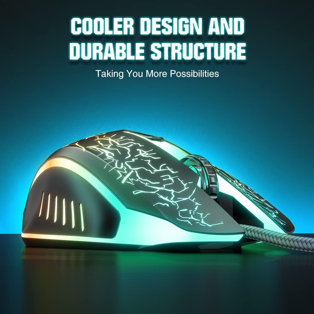 Gaming Mouse Wired, Ergonomic Gamer Laptop PC Optical Computer Mice with RGB Backlit, 4 Adjustable DPI Up to 3600, 6 Programmable Buttons for Windows 7/8/10/XP Vista Linux -Black