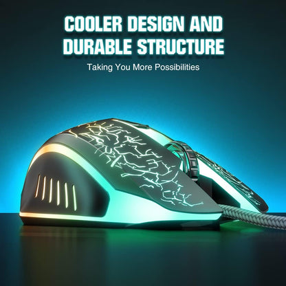 Gaming Mouse Wired, Ergonomic Gamer Laptop PC Optical Computer Mice with RGB Backlit, 4 Adjustable DPI Up to 3600, 6 Programmable Buttons for Windows 7/8/10/XP Vista Linux -Black