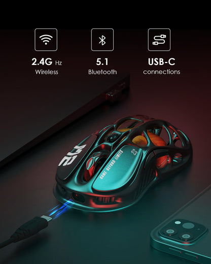 GravaStar Mercury M2 Wireless Gaming Mouse with 26,000 DPI, PAW3395DM Sensor -79g Lightweight Hollowed-Out Design -5 Programmable Buttons -5 Dynamic Lightsync RGB