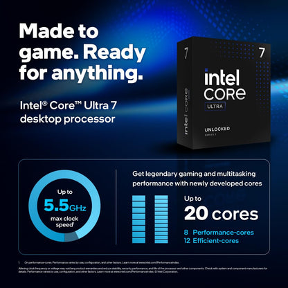 Intel Core Ultra 7 Desktop Processor 265KF - 20 cores (8 P-cores + 12 E-cores) up to 5.5 GHz