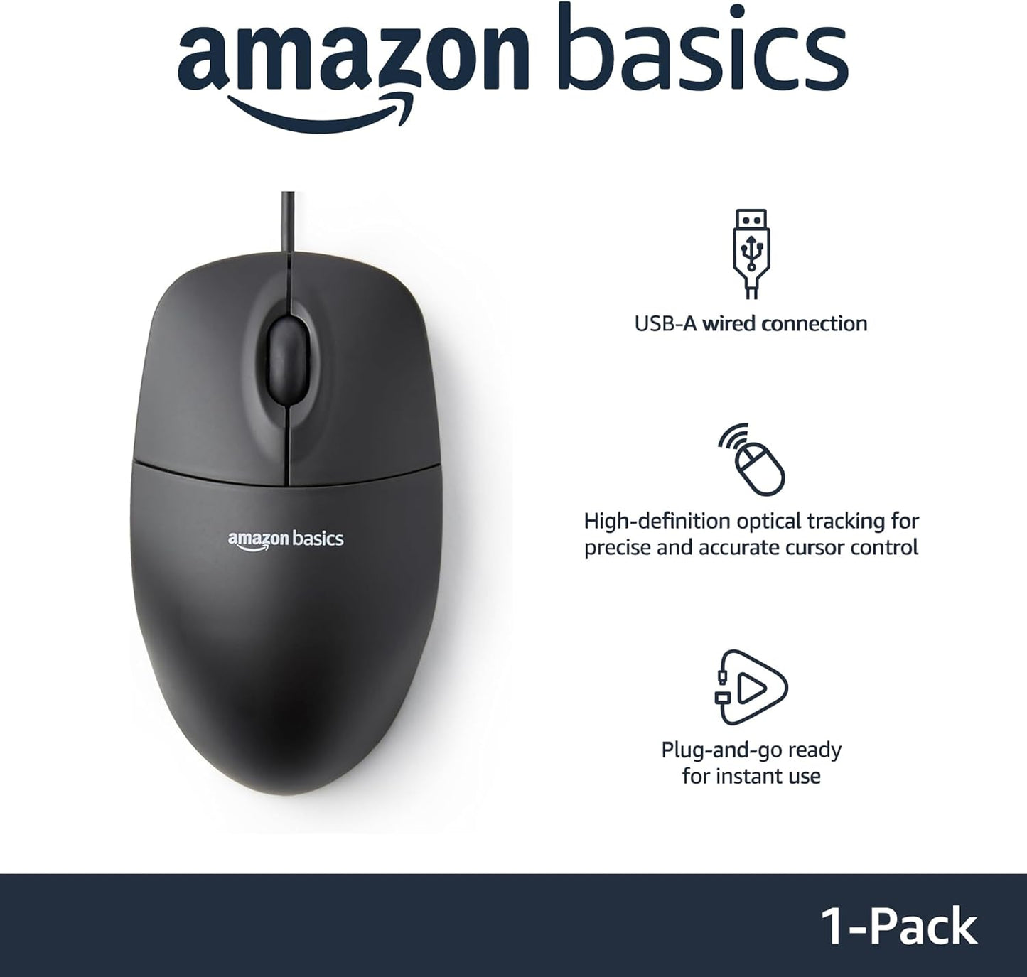Basics 3-Button USB Wired Mouse with Scrolling and Tracking - Standard, Black