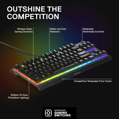SteelSeries Apex 3 TKL RGB Gaming Keyboard – Tenkeyless Compact Form Factor - 8-Zone RGB Illumination – IP32 Water & Dust Resistant – Whisper Quiet Gaming Switch – Gaming Grade Anti-Ghosting, Black