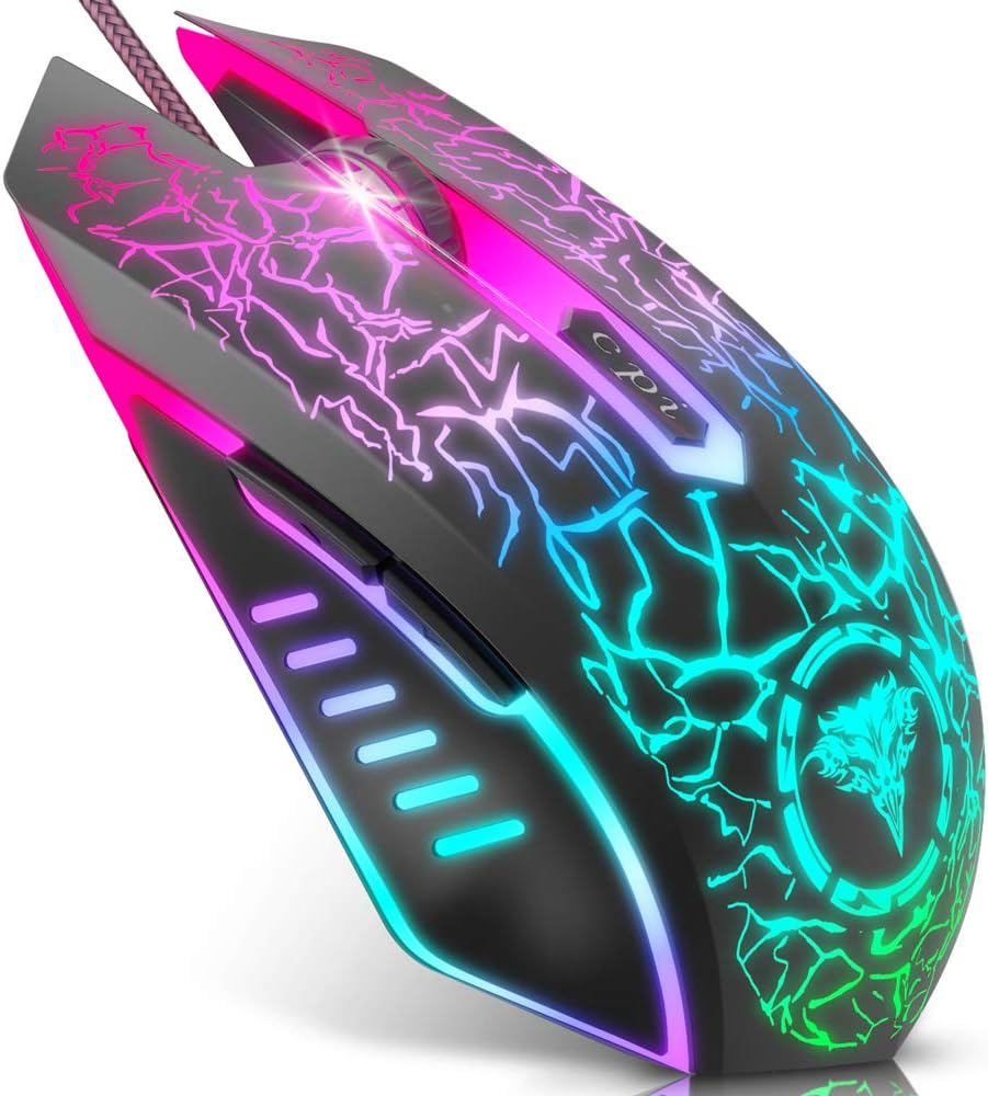 Gaming Mouse Wired, Ergonomic Gamer Laptop PC Optical Computer Mice with RGB Backlit, 4 Adjustable DPI Up to 3600, 6 Programmable Buttons for Windows 7/8/10/XP Vista Linux -Black