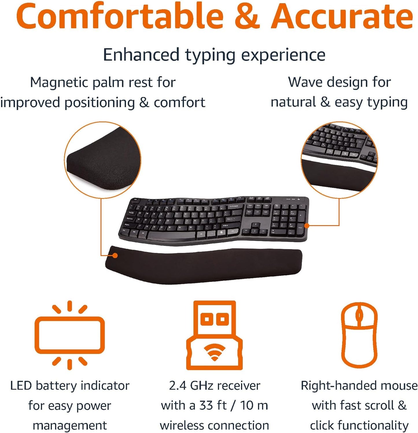 Ergonomic Wireless Keyboard and Mouse Combo for Comfortable PC and Laptop Use, 2.4 GHz USB, Black