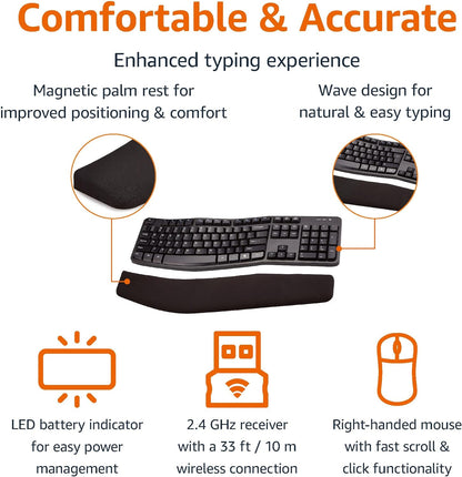 Ergonomic Wireless Keyboard and Mouse Combo for Comfortable PC and Laptop Use, 2.4 GHz USB, Black