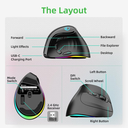 2.4G / BT/Wired Tri-Mode RGB Rechargeable G53 Wireless Vertical Ergonomic Mouse, 5 Side Buttons, Max 8400 DPI, for PC Computer Notebook Laptop, for Windows 11 10, Mac, iPad OS, Android - Black