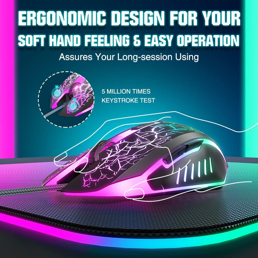 Gaming Mouse Wired, Ergonomic Gamer Laptop PC Optical Computer Mice with RGB Backlit, 4 Adjustable DPI Up to 3600, 6 Programmable Buttons for Windows 7/8/10/XP Vista Linux -Black