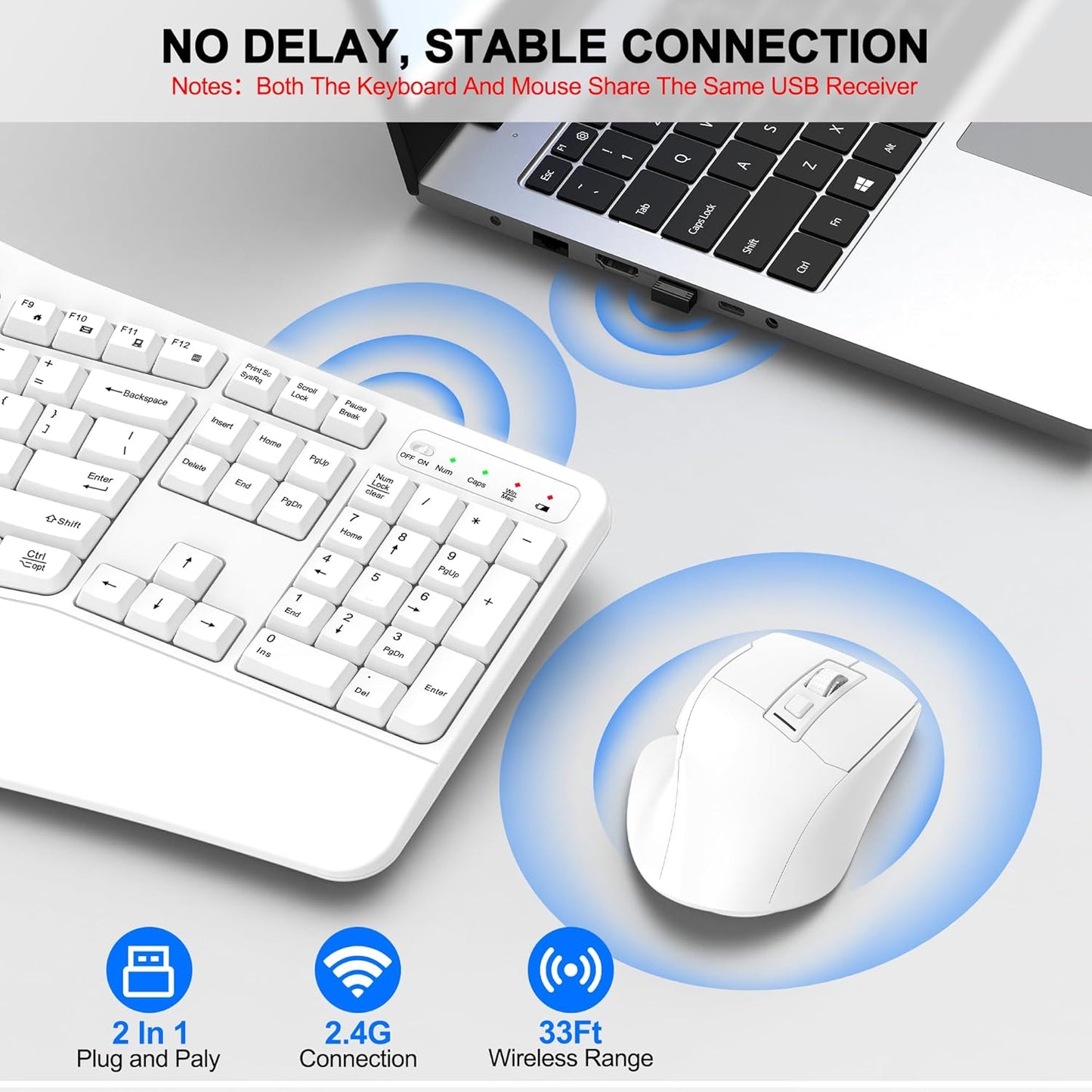 Wireless Keyboard and Mouse Combo, 2.4G Full Size Wave Keys Ergonomic Keyboard with Wrist Rest and 3-Level DPI Adjustable Wireless Ergonomic Mouse for Windows, Mac OS Desktop/Laptop/PC(Black)