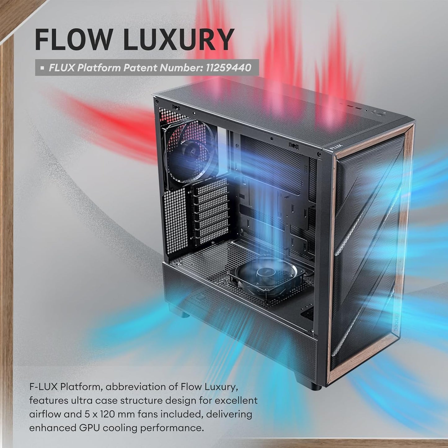 Antec Flux SE, Sound-Dampening Side Panels, 5 x PWM Fans Included, Front Panel with Walnut Wood, Type-C, 420mm Radiator& Back Connect Motherboard Support, Silent Case, Mid E-ATX Tower PC Case