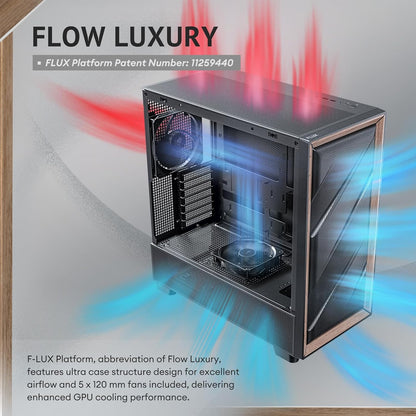 Antec Flux SE, Sound-Dampening Side Panels, 5 x PWM Fans Included, Front Panel with Walnut Wood, Type-C, 420mm Radiator& Back Connect Motherboard Support, Silent Case, Mid E-ATX Tower PC Case
