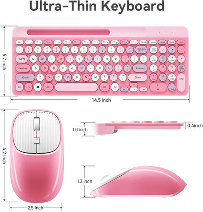 Wireless Keyboard and Mouse Combo, Retro Wireless Keyboard with Round Keycaps, 2.4GHz Full-Size USB Cute Wireless Keyboard Mouse for Computer, Desktop, Laptop and Computer