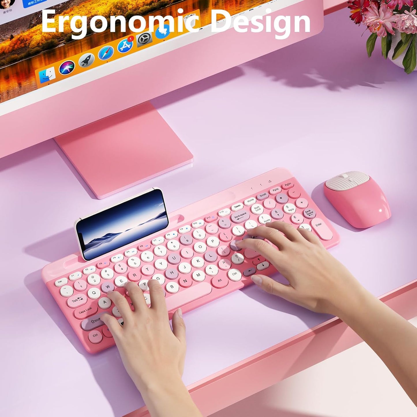 Wireless Keyboard and Mouse Combo, Retro Wireless Keyboard with Round Keycaps, 2.4GHz Full-Size USB Cute Wireless Keyboard Mouse for Computer, Desktop, Laptop and Computer