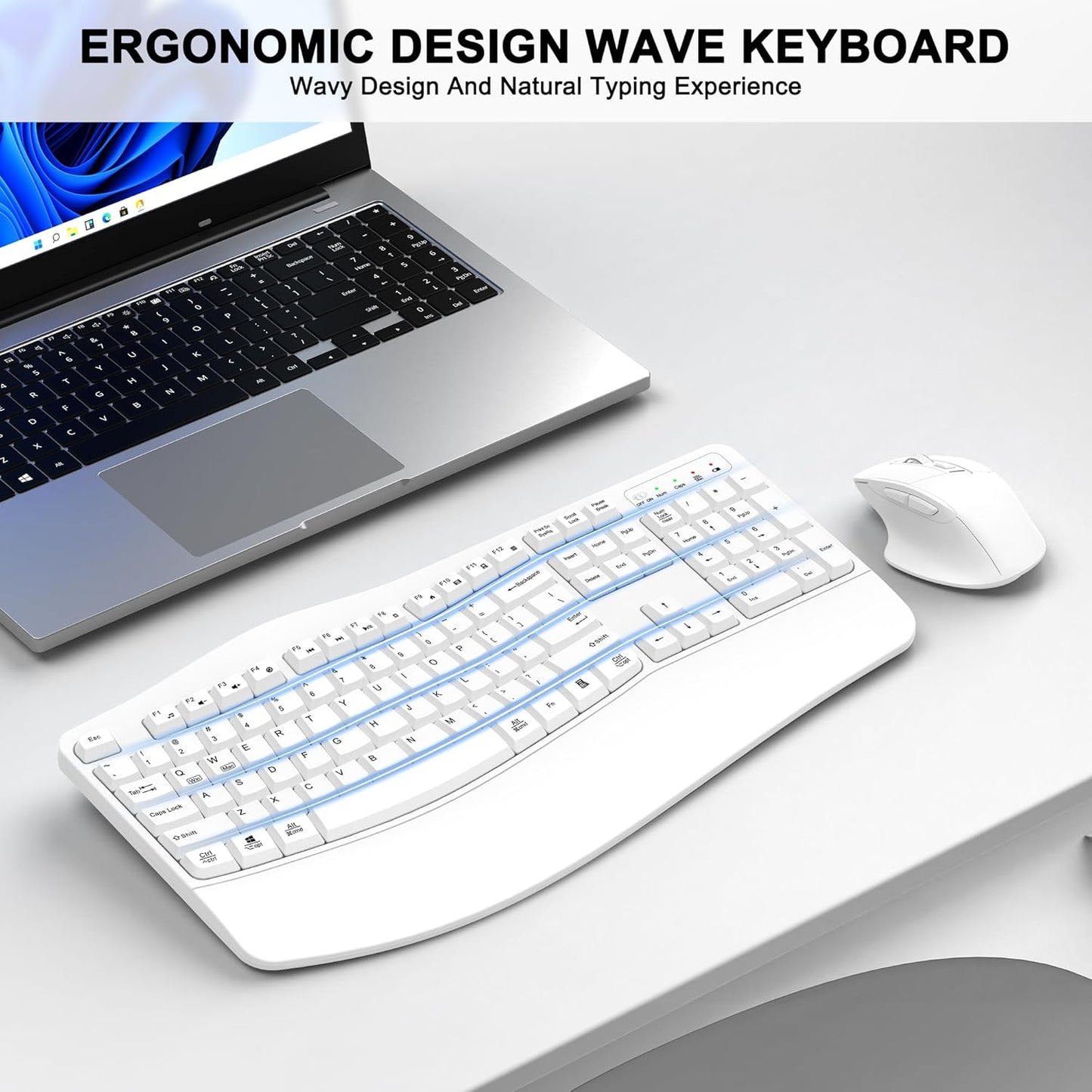 Wireless Keyboard and Mouse Combo, 2.4G Full Size Wave Keys Ergonomic Keyboard with Wrist Rest and 3-Level DPI Adjustable Wireless Ergonomic Mouse for Windows, Mac OS Desktop/Laptop/PC(Black)
