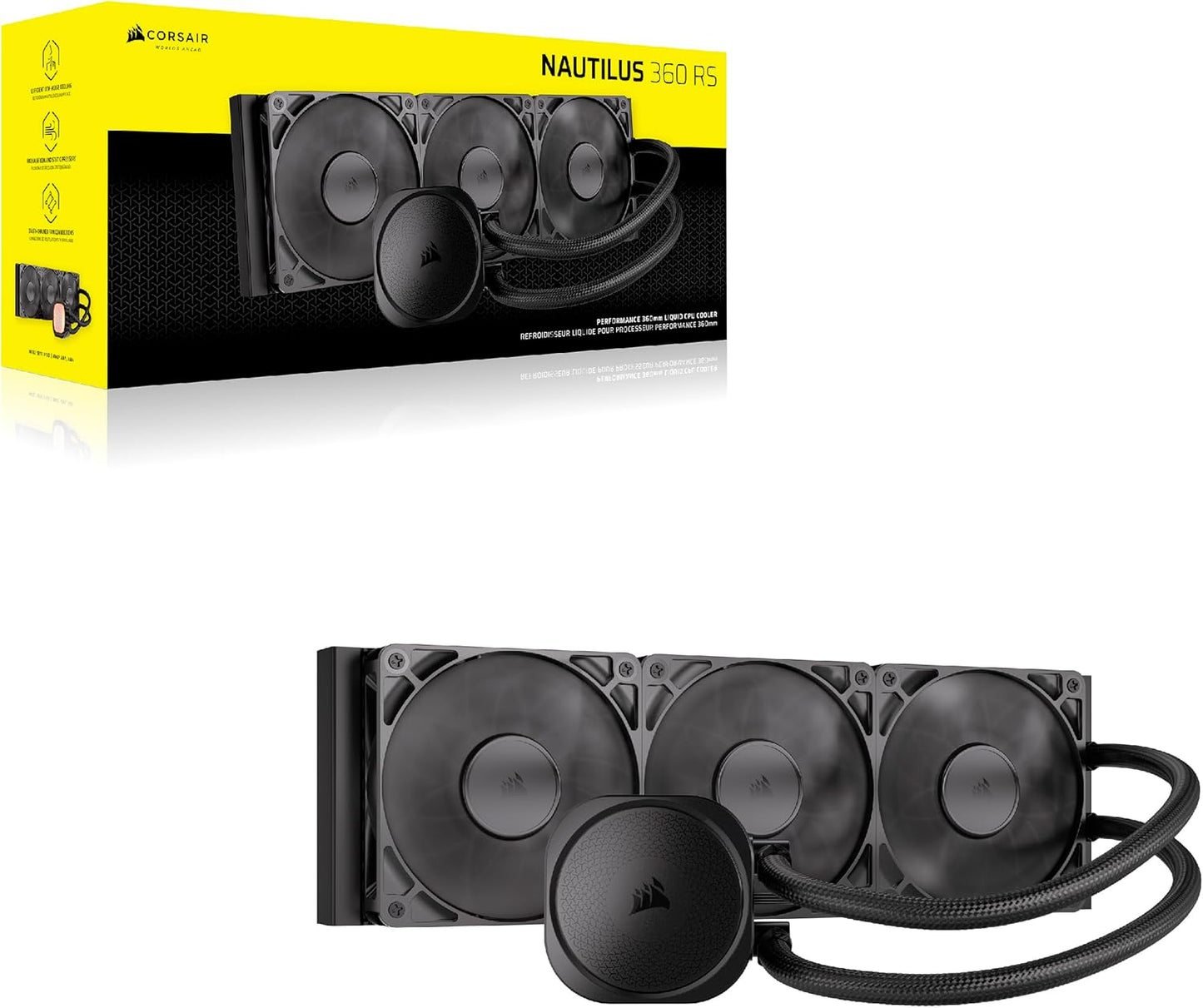 CORSAIR Nautilus 360 RS (ARGB or Non-RGB) Liquid CPU Cooler – 360mm AIO – Low-Noise – Direct Motherboard Connection – Daisy-Chain – Intel LGA 1851/1700, AMD AM5/AM4 – 3X RS120 ARGB Fans Included – Black or White