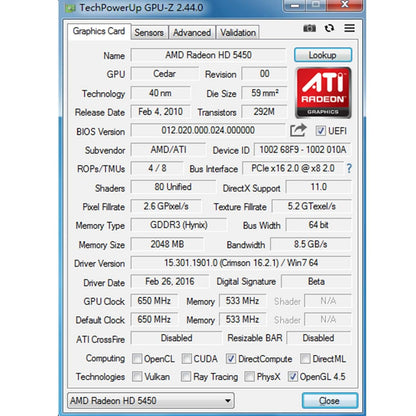 Radeon HD 5450 2GB Graphics Card, GDDR3 64-bit, HDMI DVI VGA, Low Profile, PCI Express x16, DirectX 11, Video Card PC, Computer GPU, Support 2 Monitors