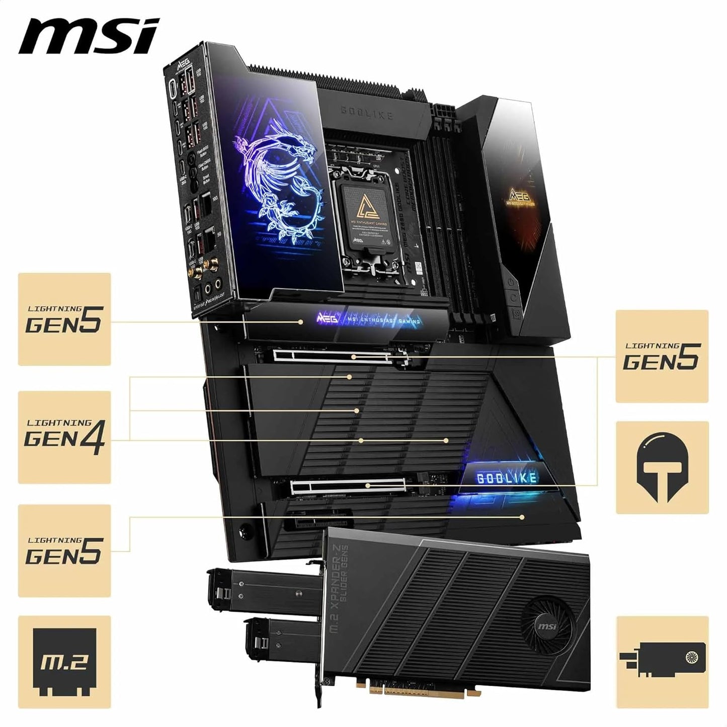 MSI MEG Z890 GODLIKE, E-ATX - Supports Intel Core Ultra Processors (Series 2), LGA 1851 - Dynamic Dashboard III, EZ Slide M.2, DDR5 (9200+ MT/s OC), M.2 & PCIe 5.0, Thunderbolt 5, Wi-Fi 7, 10G LAN