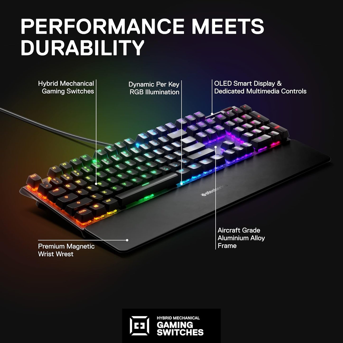 SteelSeries USB Apex 5 Hybrid Mechanical Gaming Keyboard – Per-Key RGB Illumination – Aircraft Grade Aluminum Alloy Frame – OLED Smart Display (Hybrid Blue Switch)