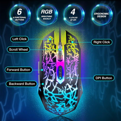 Gaming Mouse Wired, Ergonomic Gamer Laptop PC Optical Computer Mice with RGB Backlit, 4 Adjustable DPI Up to 3600, 6 Programmable Buttons for Windows 7/8/10/XP Vista Linux -Black