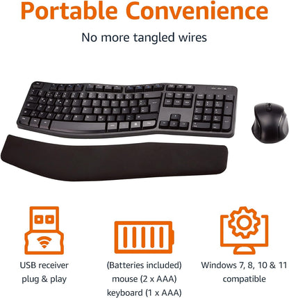 Ergonomic Wireless Keyboard and Mouse Combo for Comfortable PC and Laptop Use, 2.4 GHz USB, Black