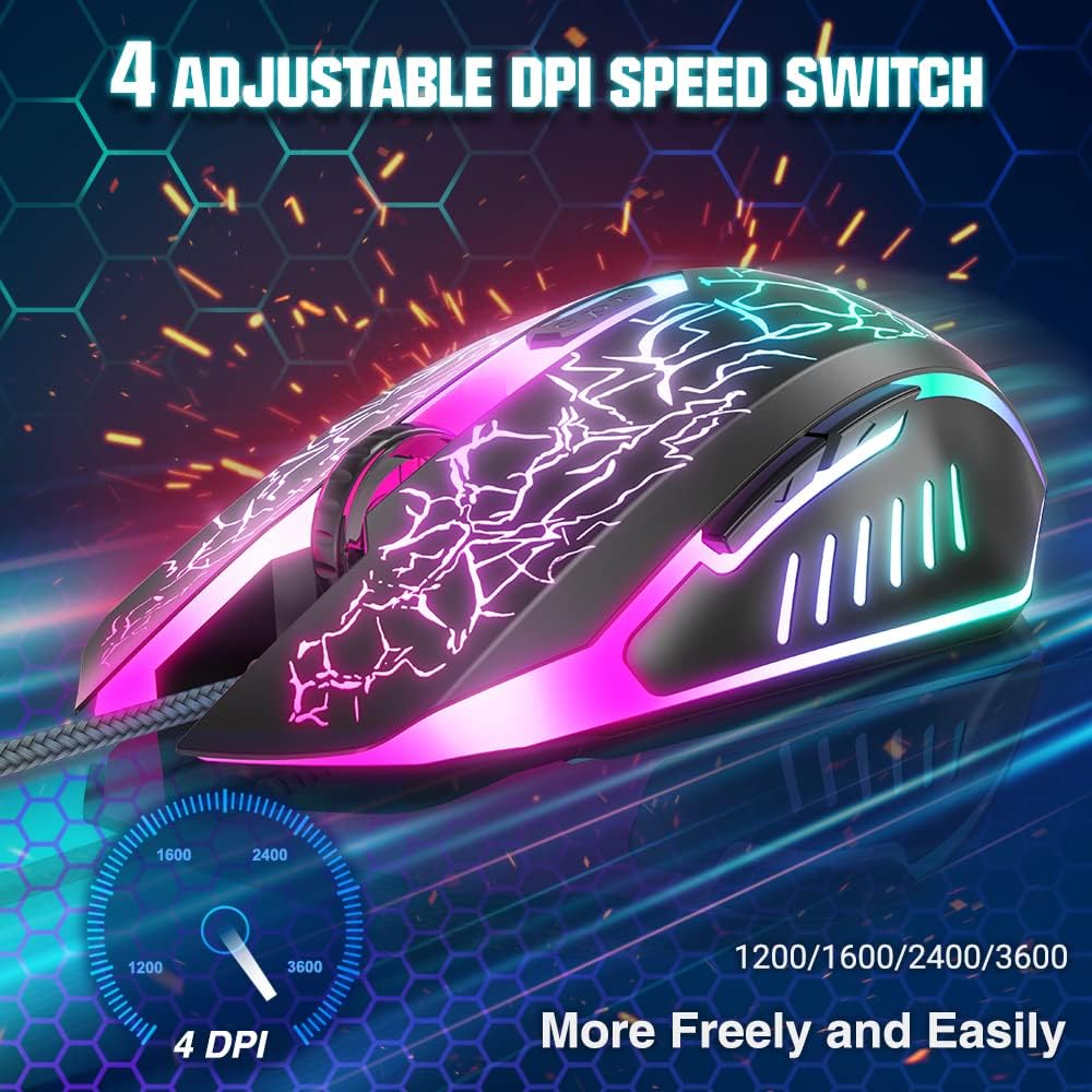 Gaming Mouse Wired, Ergonomic Gamer Laptop PC Optical Computer Mice with RGB Backlit, 4 Adjustable DPI Up to 3600, 6 Programmable Buttons for Windows 7/8/10/XP Vista Linux -Black