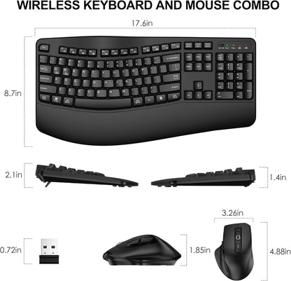Wireless Keyboard and Mouse Combo, 2.4G Full Size Wave Keys Ergonomic Keyboard with Wrist Rest and 3-Level DPI Adjustable Wireless Ergonomic Mouse for Windows, Mac OS Desktop/Laptop/PC(Black)