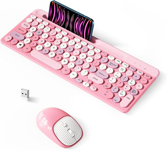 Wireless Keyboard and Mouse Combo, Retro Wireless Keyboard with Round Keycaps, 2.4GHz Full-Size USB Cute Wireless Keyboard Mouse for Computer, Desktop, Laptop and Computer