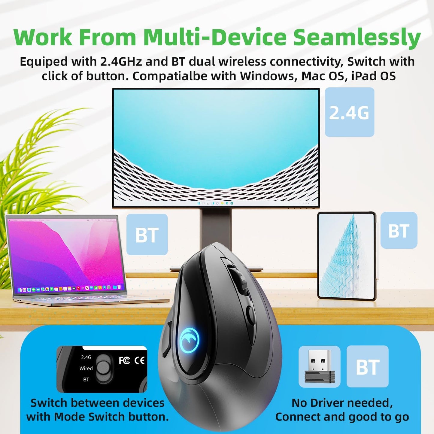 2.4G / BT/Wired Tri-Mode RGB Rechargeable G53 Wireless Vertical Ergonomic Mouse, 5 Side Buttons, Max 8400 DPI, for PC Computer Notebook Laptop, for Windows 11 10, Mac, iPad OS, Android - Black