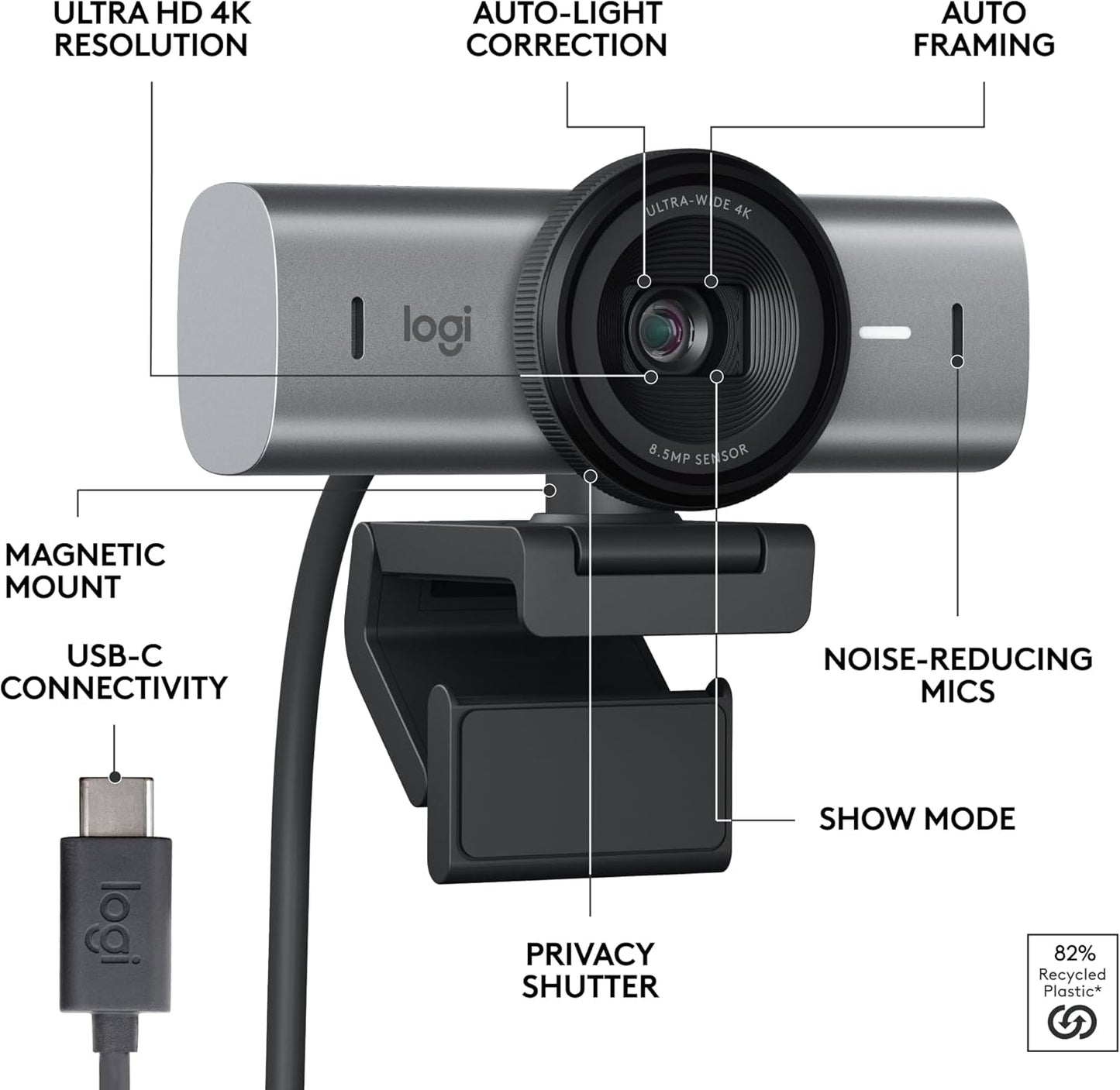 Logitech MX Brio Ultra HD 4K Collaboration and Streaming Webcam, 1080p at 60 FPS, Dual Noise Reducing Mics, Show Mode, USB-C, Webcam Cover, Works with Microsoft Teams, Zoom, Google Meet - Graphite