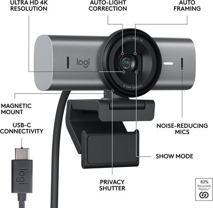 Logitech MX Brio Ultra HD 4K Collaboration and Streaming Webcam, 1080p at 60 FPS, Dual Noise Reducing Mics, Show Mode, USB-C, Webcam Cover, Works with Microsoft Teams, Zoom, Google Meet - Graphite