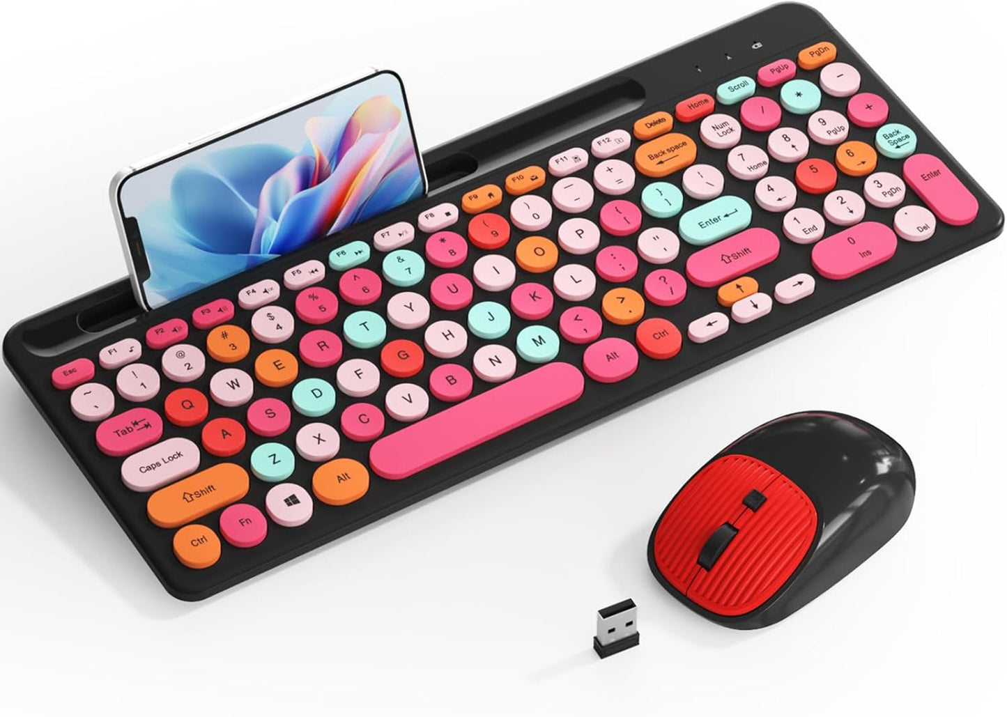 Wireless Keyboard and Mouse Combo, Retro Wireless Keyboard with Round Keycaps, 2.4GHz Full-Size USB Cute Wireless Keyboard Mouse for Computer, Desktop, Laptop and Computer