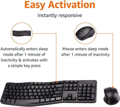 Ergonomic Wireless Keyboard and Mouse Combo for Comfortable PC and Laptop Use, 2.4 GHz USB, Black