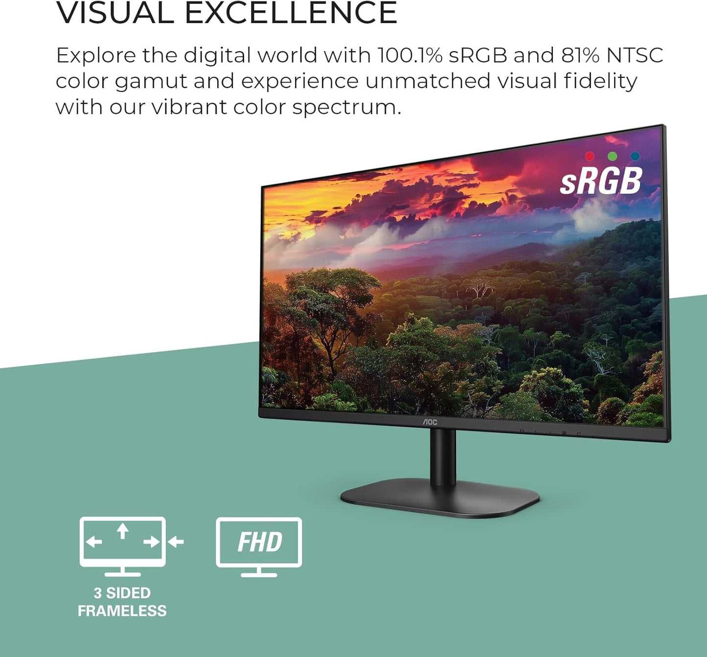 AOC 27B2H2 27” Frameless IPS Monitor, FHD 1920x1080, 100Hz, 101% sRGB, for Home and Office, HDMI x2, Low Blue Mode, VESA Compatible, Black