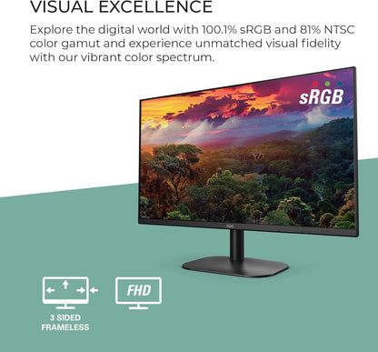 AOC 27B2H2 27” Frameless IPS Monitor, FHD 1920x1080, 100Hz, 101% sRGB, for Home and Office, HDMI x2, Low Blue Mode, VESA Compatible, Black