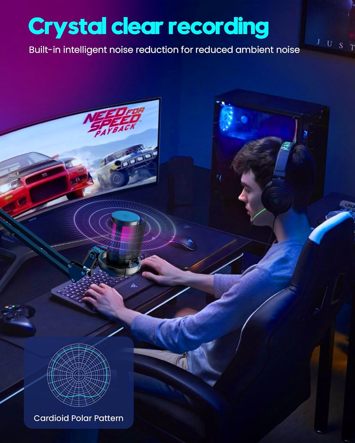 Gaming Microphone, USB PC Mic for Podcasts Videos, Streaming, Condenser Mic with Quick Mute, Tripod Stand, Pop Filter, RGB Indicator, Shock Mount, Rotate gain button, Compatible with PS4/5/PC