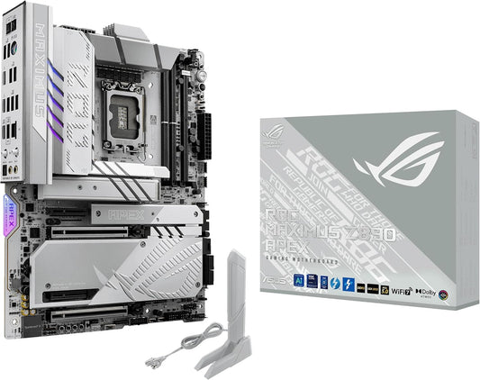 ASUS ROG MAXIMUS Z890 APEX Intel® Z890 LGA 1851 ATX motherboard, Advanced AI PC-ready, 22+2+1+2 stages, DDR5, WiFi 7, 5G LAN, 3x PCIe® 5.0 M.2, Thunderbolt™ 4, USB Type-C®, AI OC, Cooling & Networking
