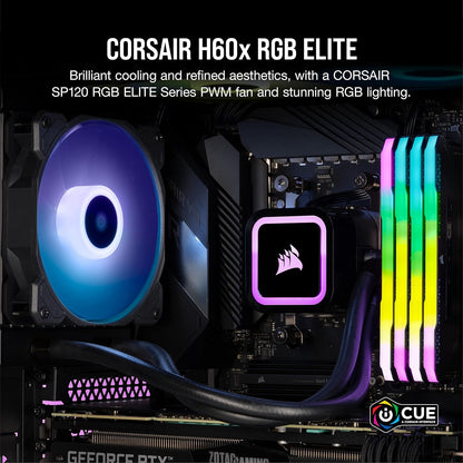 Corsair H60x RGB Elite Liquid CPU Cooler - 16 Dynamic RGBLEDs - SP120 Elite Series PWM Fan with AirGuide Technology - Intel® LGA 1700, 1200, 115X, 2066, AMD® AM5/AM4 Sockets - Black