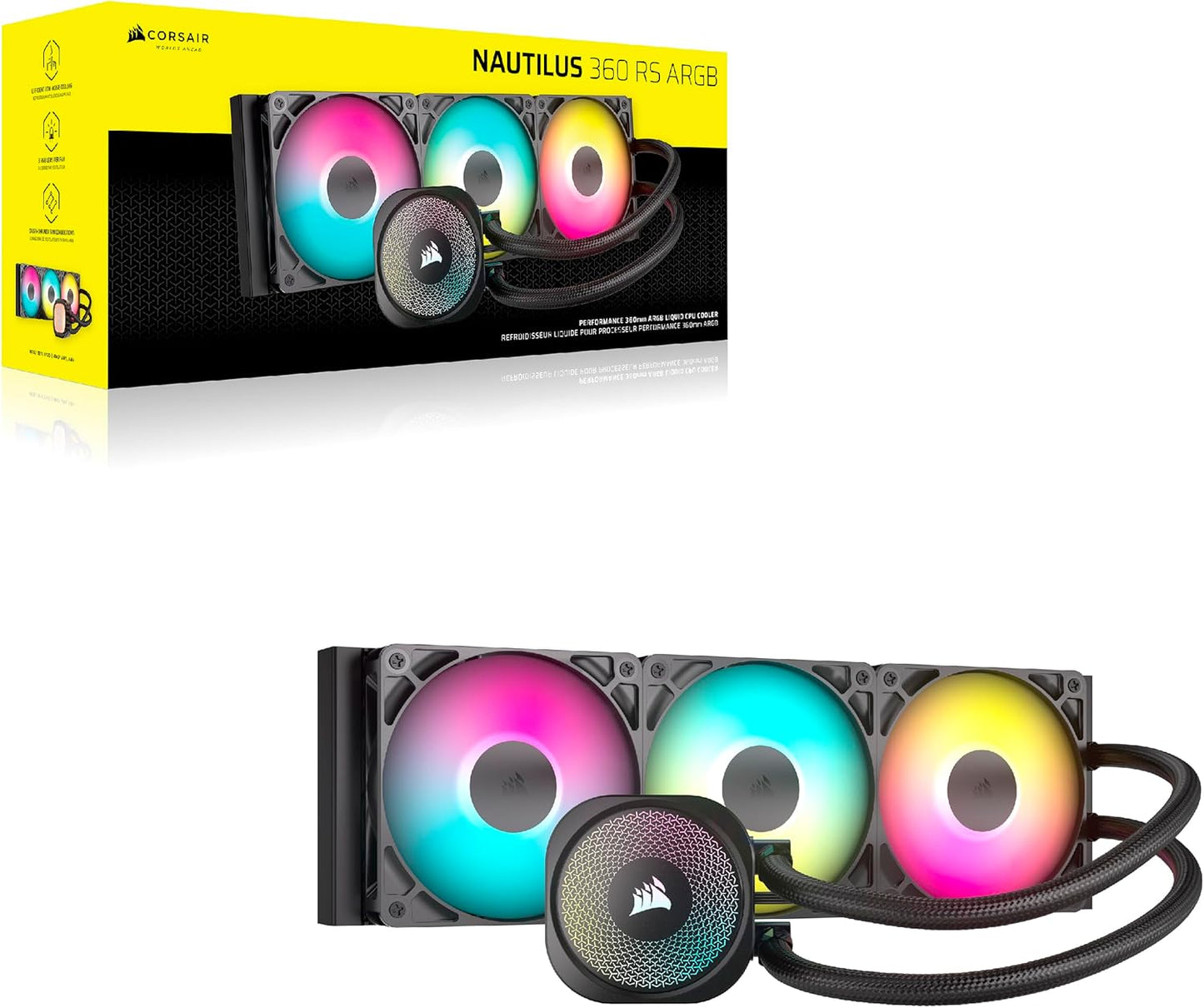 CORSAIR Nautilus 360 RS (ARGB or Non-RGB) Liquid CPU Cooler – 360mm AIO – Low-Noise – Direct Motherboard Connection – Daisy-Chain – Intel LGA 1851/1700, AMD AM5/AM4 – 3X RS120 ARGB Fans Included – Black or White