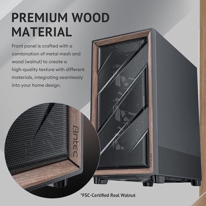 Antec Flux SE, Sound-Dampening Side Panels, 5 x PWM Fans Included, Front Panel with Walnut Wood, Type-C, 420mm Radiator& Back Connect Motherboard Support, Silent Case, Mid E-ATX Tower PC Case