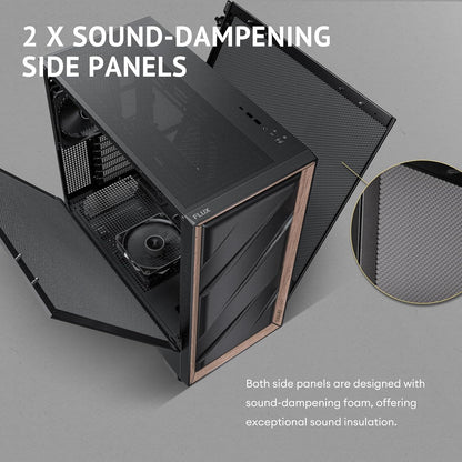 Antec Flux SE, Sound-Dampening Side Panels, 5 x PWM Fans Included, Front Panel with Walnut Wood, Type-C, 420mm Radiator& Back Connect Motherboard Support, Silent Case, Mid E-ATX Tower PC Case