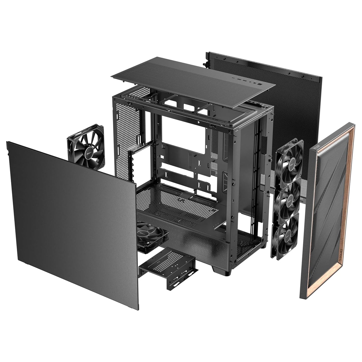 Antec Flux SE, Sound-Dampening Side Panels, 5 x PWM Fans Included, Front Panel with Walnut Wood, Type-C, 420mm Radiator& Back Connect Motherboard Support, Silent Case, Mid E-ATX Tower PC Case