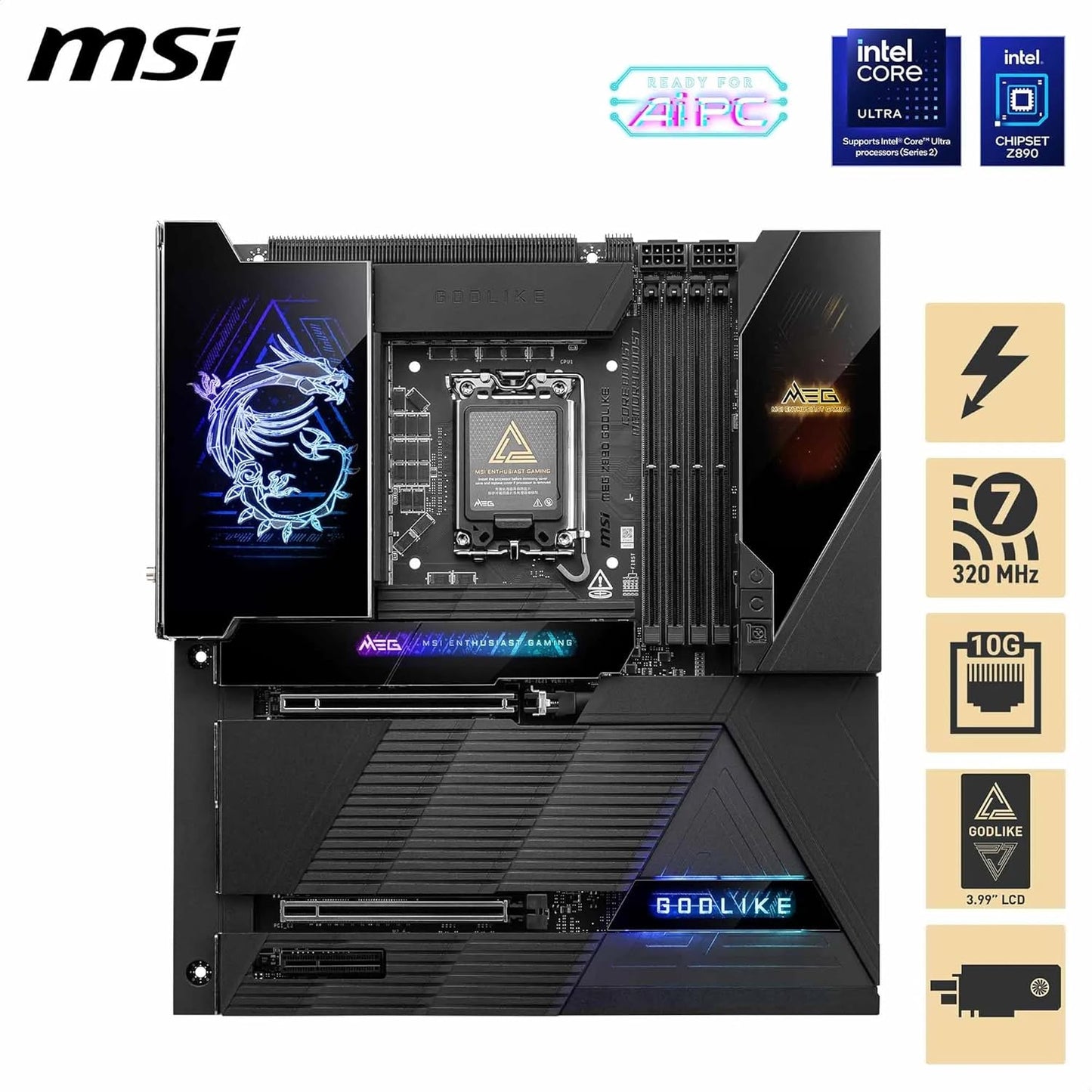 MSI MEG Z890 GODLIKE, E-ATX - Supports Intel Core Ultra Processors (Series 2), LGA 1851 - Dynamic Dashboard III, EZ Slide M.2, DDR5 (9200+ MT/s OC), M.2 & PCIe 5.0, Thunderbolt 5, Wi-Fi 7, 10G LAN